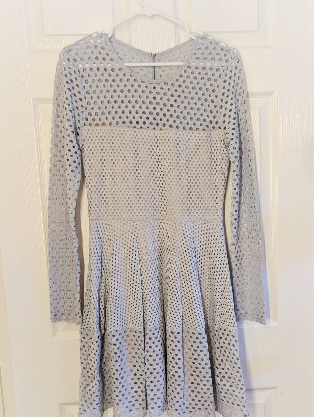BCBGMaxAzria Light Gray Eyelet Long-Sleeve Fit & Flare Dress